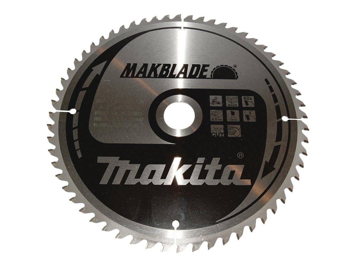 Nahaufnahme eines Makita MakBlade-Kreissägeblatts mit silbernen Zähnen und schwarzem Mitteletikett auf weißem Hintergrund.