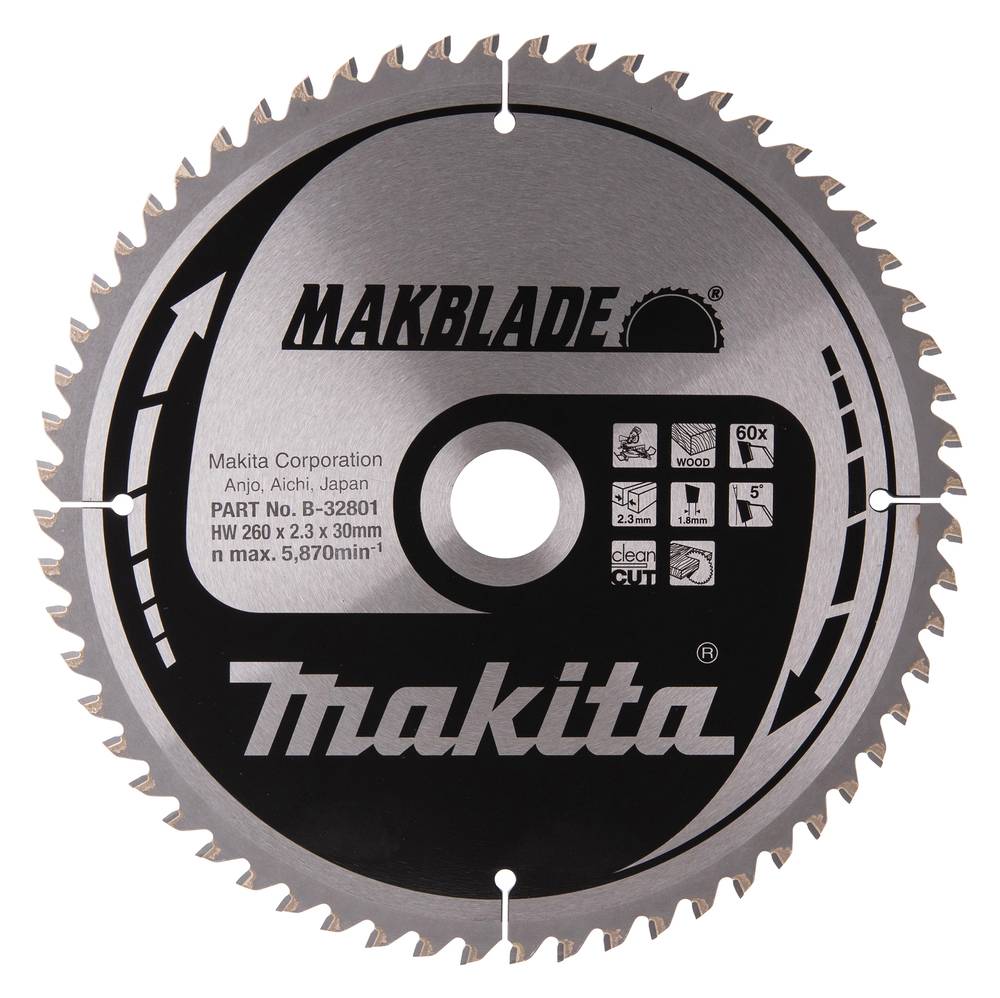 Makita MAKBLADE Kreissägeblatt mit Metallschneidzähnen, Produktetikett und Spezifikationen auf der Mittelnabe gedruckt