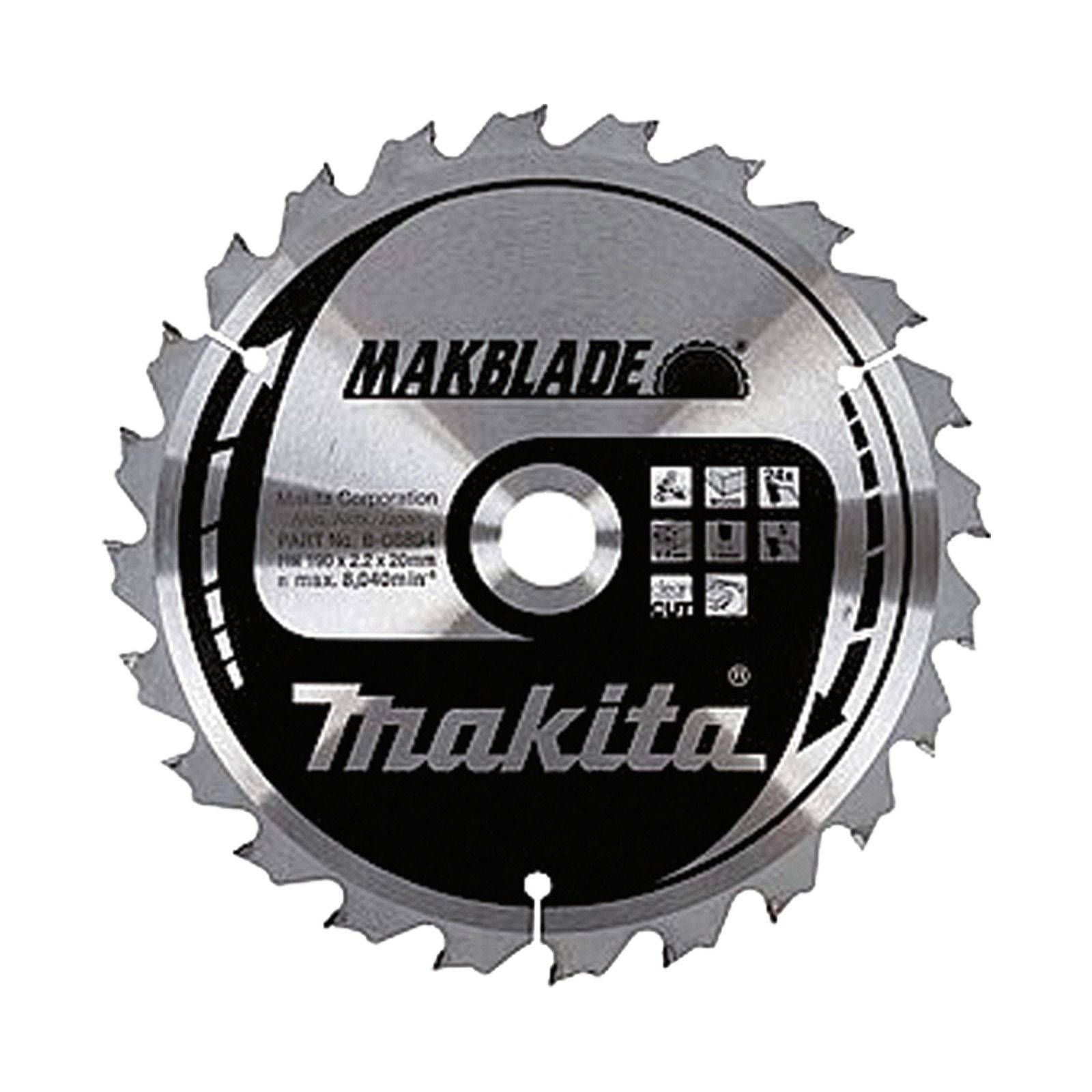 Eine Kreissägeblatt mit Doppelmarkierung, 'Makita' und 'MAKBLADE', mit mehreren Symbolen und Spezifikationen einschließlich Artikelnummer und Abmessungen.