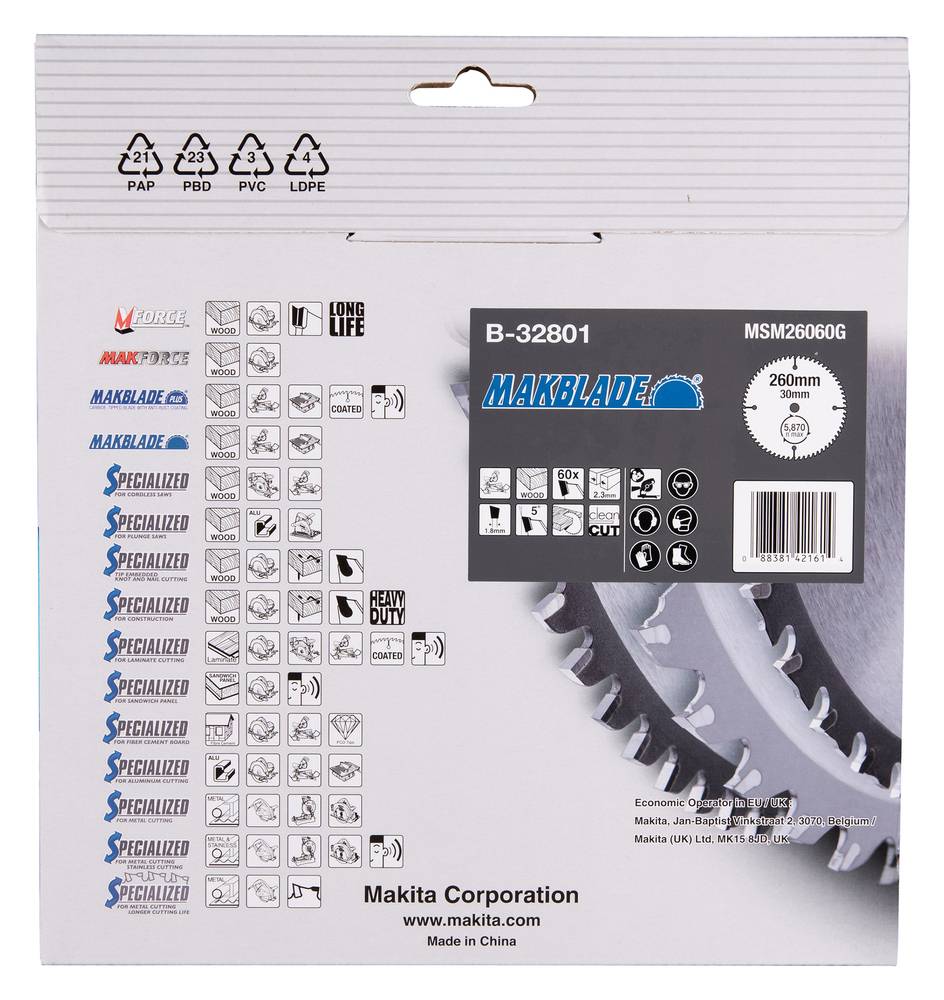 Verpackung für ein Makita-Kreissägeblatt, gekennzeichnet mit B-32801 und MSM26060G, mit Größen- und Funktionssymbolen sowie einem Blattfoto auf der rechten Seite.