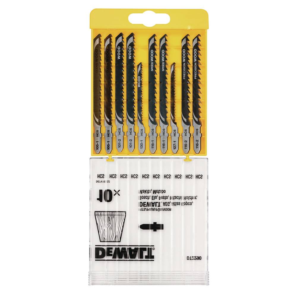 Paket mit DeWALT HC2 Stichsägeblättern, mit mehreren schwarz-gelben Blättern sichtbar in einer klaren Kunststoff-Blisterpackung.