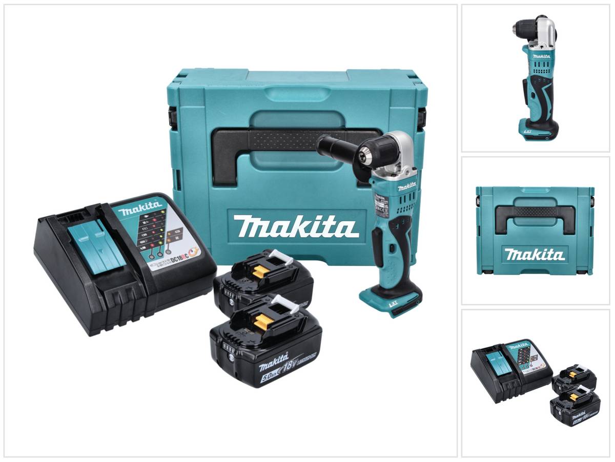 Makita DDA 351 RTJ Akku Winkelbohrmaschine 18 V 13,5 Nm + 2x Akku 5,0 Ah + Ladegerät + Makpac
