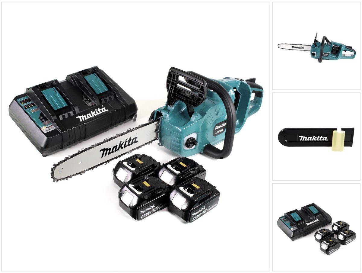 Makita DUC 353 PT4 Akku Kettensäge 36V ( 2x18V ) Brushless 35 cm + 4x 5,0 Ah Akku + Doppelladegerät