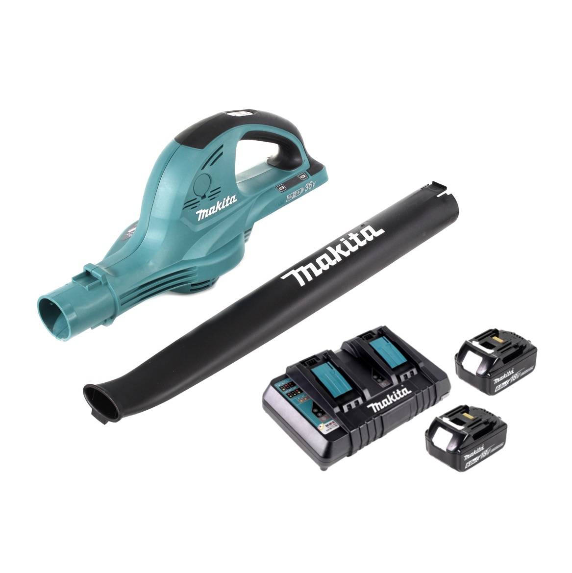 Makita DUB 361 2x 18 V / 36 V Akku Laubbläser Gebläse + 2x Makita BL 1860 6 Ah / 6000 mAh Akku + Makita DC 18 RD 2-fach Ladegerät