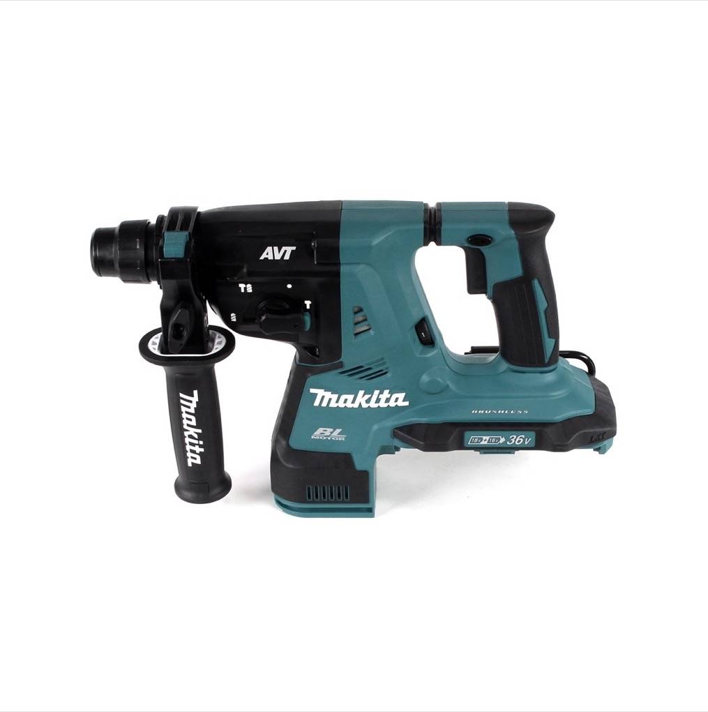 Makita DHR 280 PMJ Brushless Akku Bohrhammer 28 mm 2x 18 V für SDS-PLUS im Makpac + 2x 4,0 Ah Akku + Doppelladegerät + 17tlg. Bohrer und Meißel Set