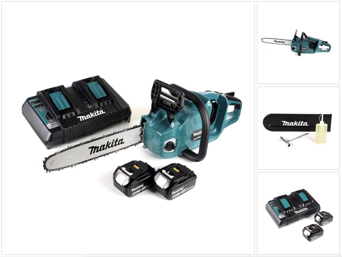 Makita DUC 355 PM2 Akku Kettensäge 36V ( 2x18V ) Brushless 35 cm + 2x 4,0 Ah Akku + Doppelladegerät