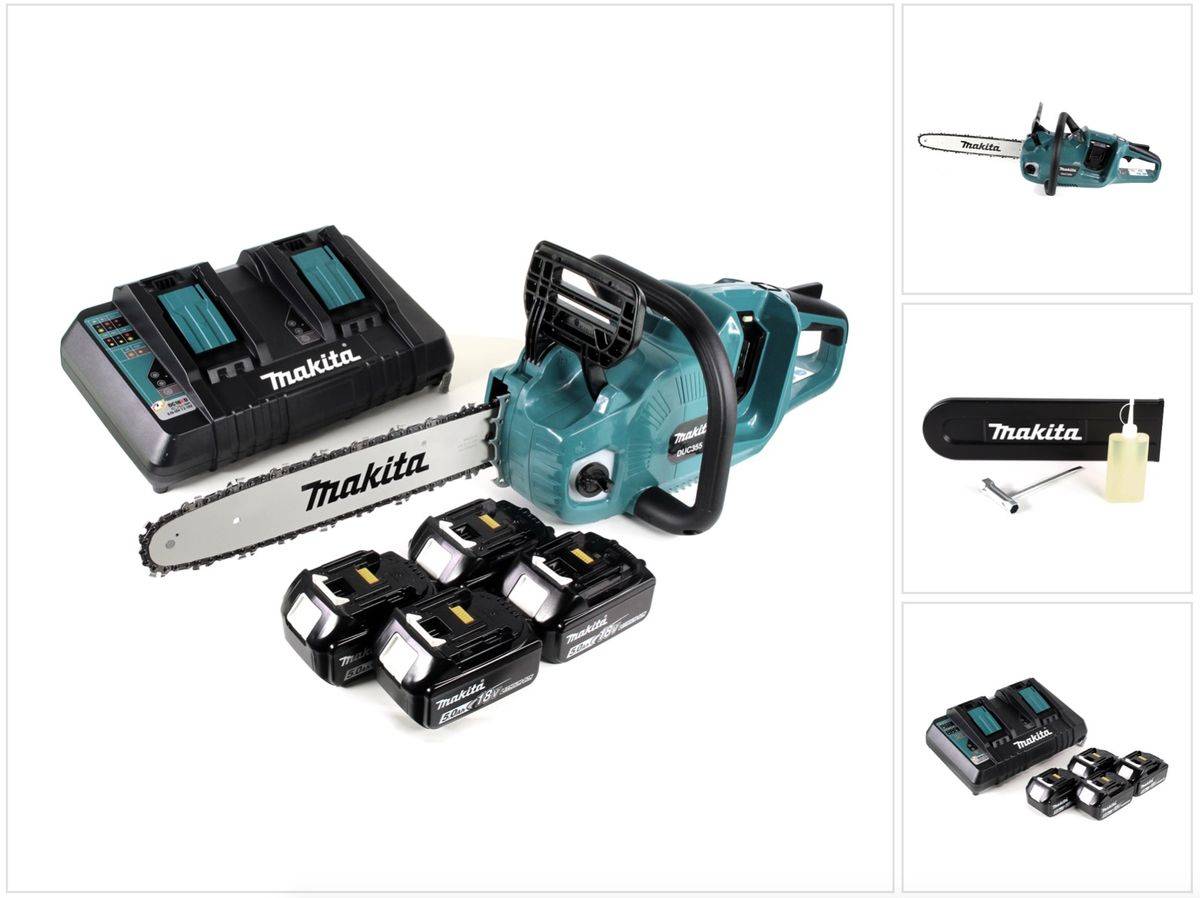 Makita DUC 355 PT4 Akku Kettensäge 36V ( 2x18V ) Brushless 35 cm + 4x 5,0 Ah Akku + Doppelladegerät