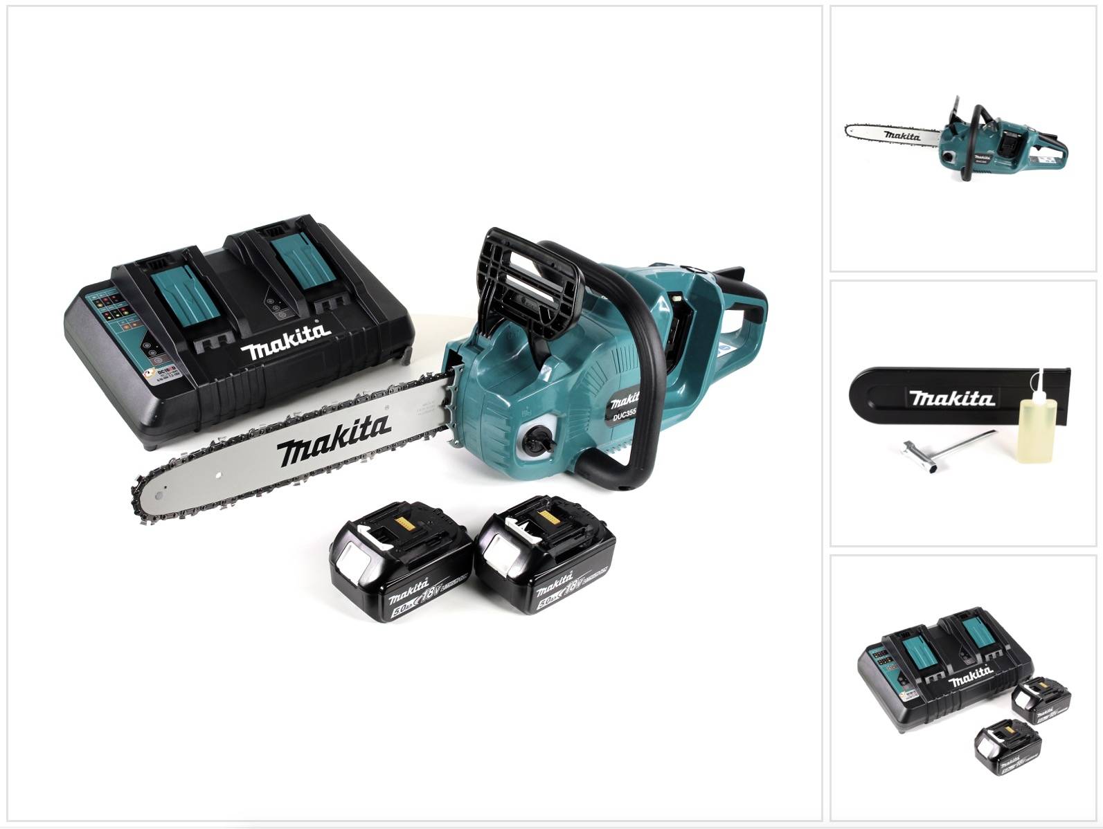 Makita DUC 355 PT2 Akku Kettensäge 36V ( 2x18V ) Brushless 35 cm + 2x 5,0 Ah Akku + Doppelladegerät