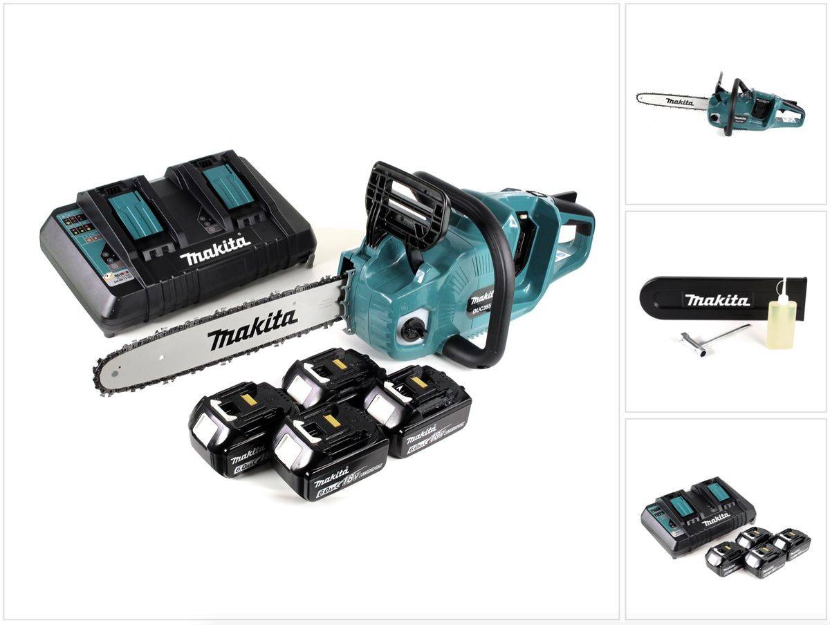 Makita DUC 355 PG4 Akku Kettensäge 36V ( 2x18V ) Brushless 35 cm + 4x 6,0 Ah Akku + Doppelladegerät