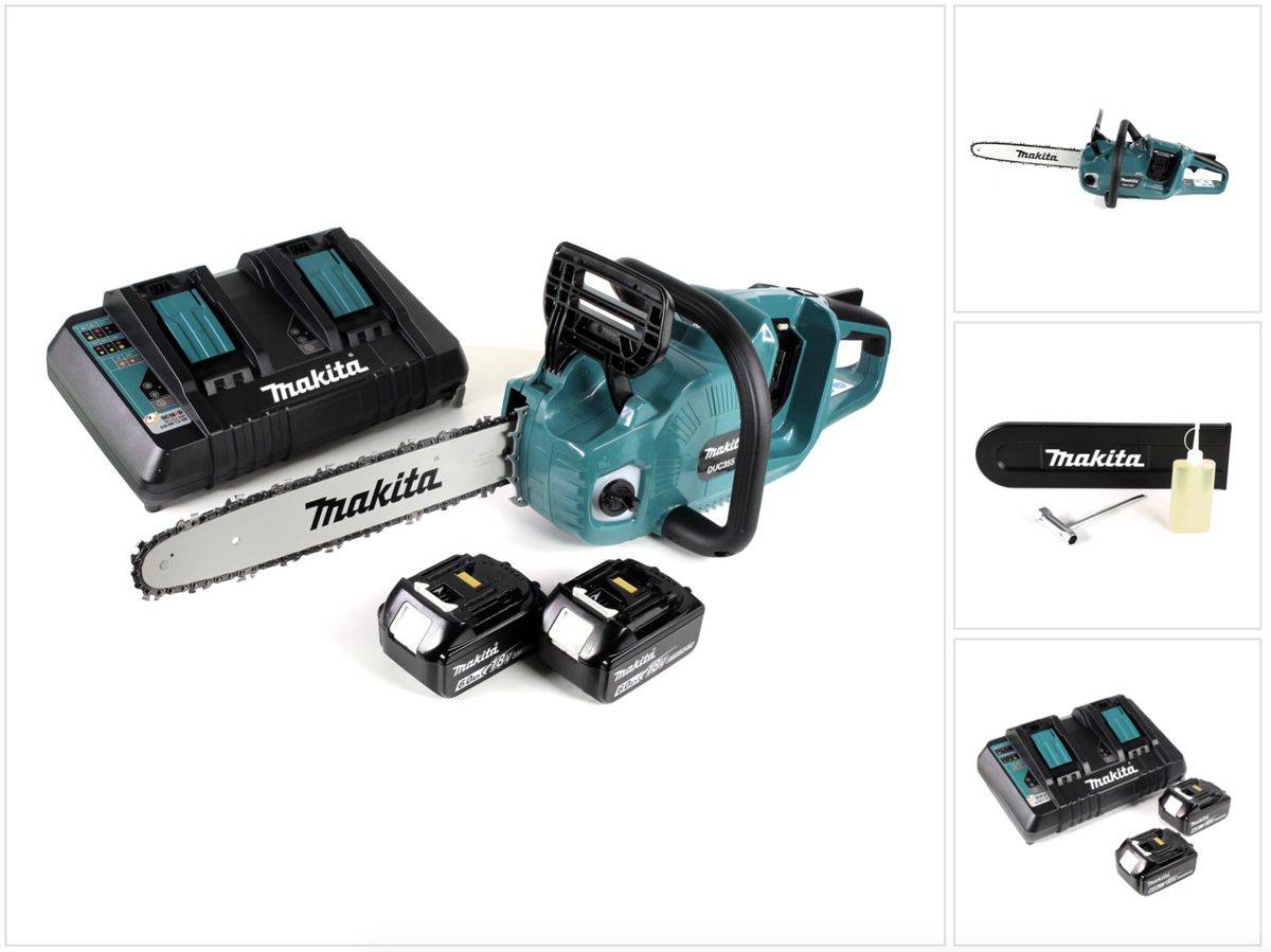 Makita DUC 355 PG2 Akku Kettensäge 36V ( 2x18V ) Brushless 35 cm + 2x 6,0 Ah Akku + Doppelladegerät