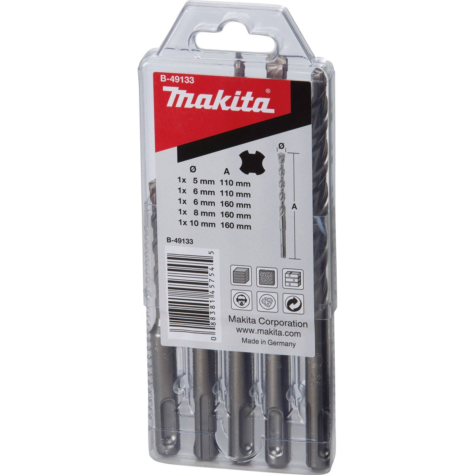 Makita-Bohrerset in durchsichtiger Kunststoffbox, gekennzeichnet mit B-49133, mit fünf Bohrern in verschiedenen Größen zum Bohren.