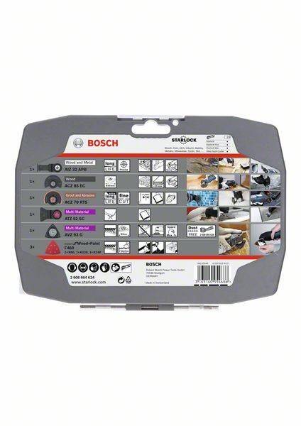 BOSCH Starlock' Sägeblatt-Set Verpackung, die kompatible Materialien, Artikelnummern, Nutzungsbilder und Produktkontaktinformationen zeigt.
