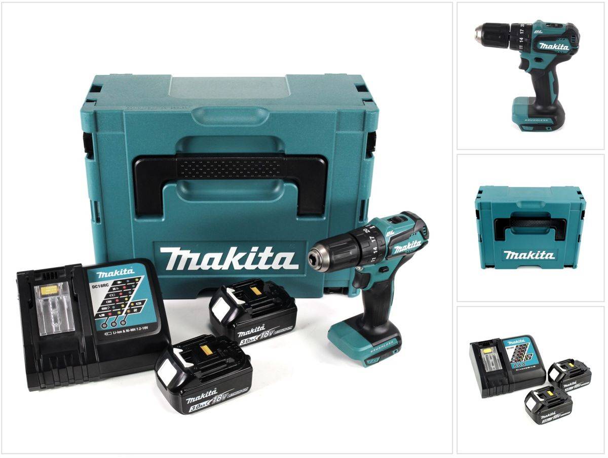 Makita DHP 483 RFJ Akku Schlagbohrschrauber 18V 40Nm + 2x 3,0 Ah Akku + Ladegerät + Makpac