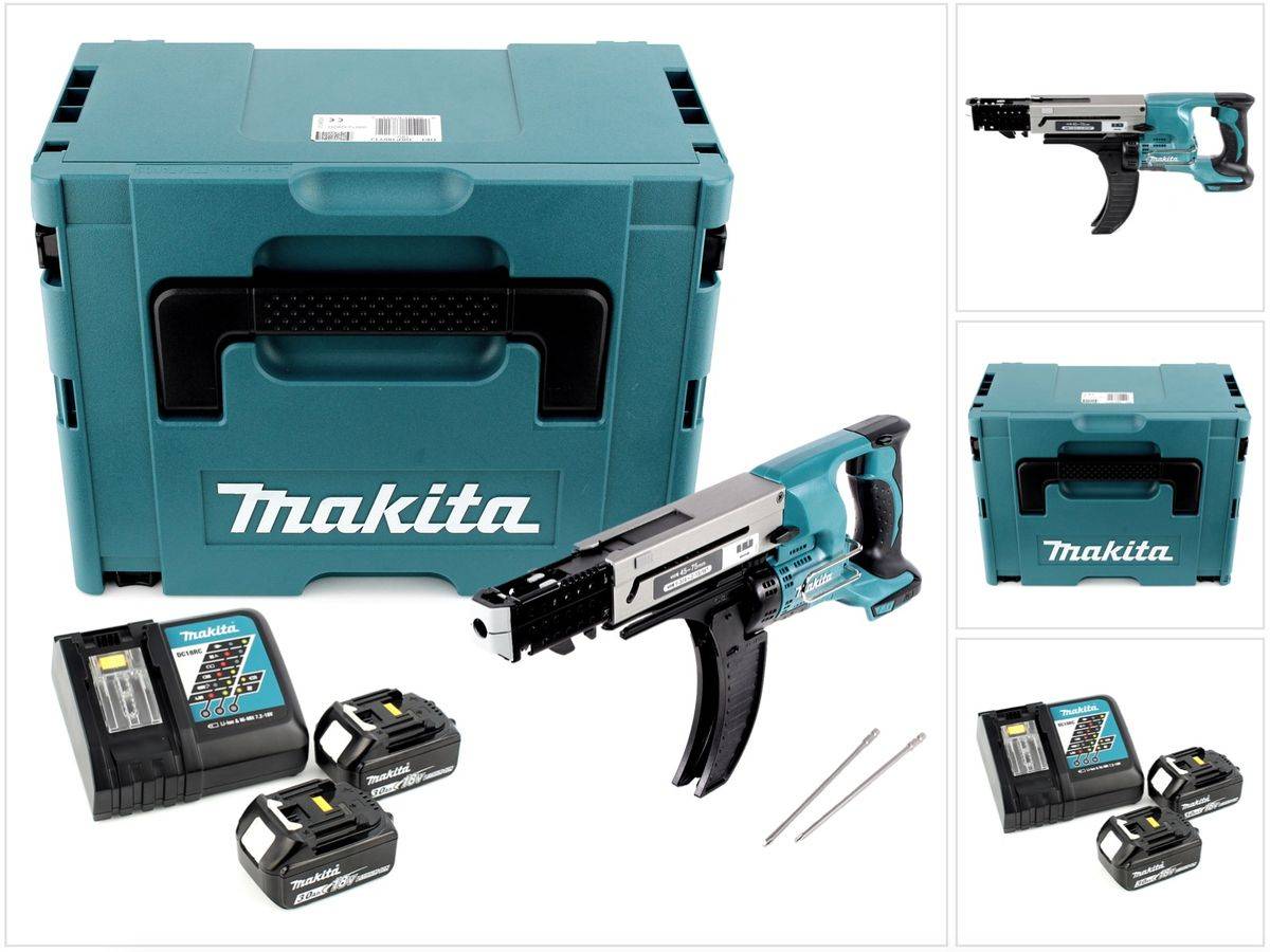 Makita DFR 750 RFJ Akku Magazinschrauber 18V 45-75mm + 2x Akku 3,0Ah + Ladegerät + Makpac