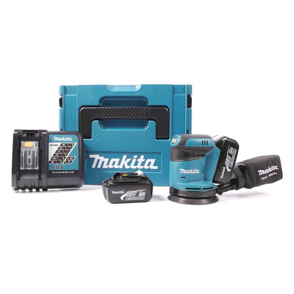 Makita BBO 180 RFJ 18V Li-ion Akku Exzenterschleifer + 2x Akku 3,0Ah + Ladegerät + Makpac