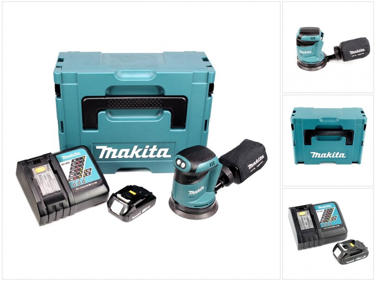 Makita DBO 180 Y1J-D 18 V Akku Exzenterschleifer + 1x Akku 1,5Ah + Ladegerät + Makpac
