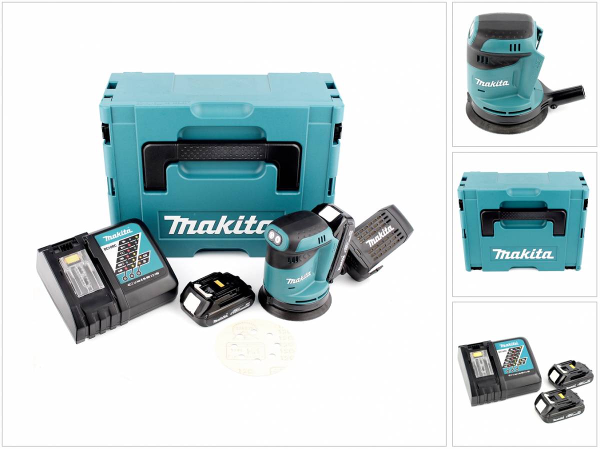 Makita DBO 180 RYJ 18 V Akku Exzenterschleifer + 2x Akku 1,5Ah + Ladegerät + Makpac