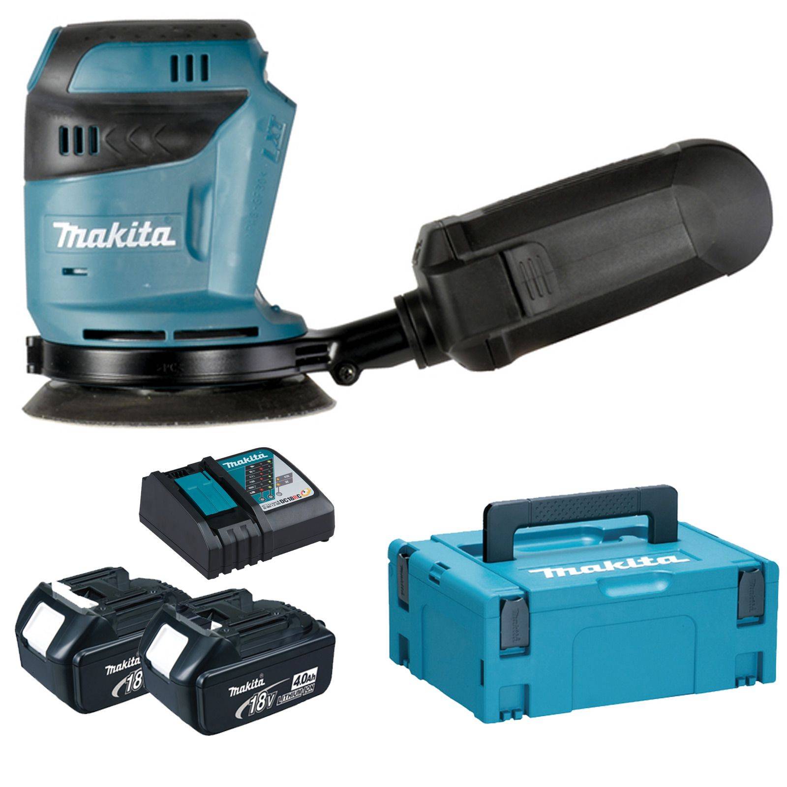 Makita DBO180RMJ Akku-Exzenterschleifer 18 V / 2x 4,0 Ah Akkus + Ladegerät im Makpac