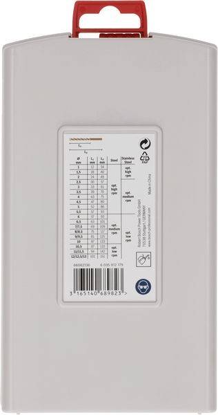 Das Bild zeigt eine weiße Produktverpackung mit einem detaillierten Diagramm und einem Recycling-Symbol auf der Rückseite. Das Diagramm listet Stahl- und Edelstahloptionen mit zugehörigen Größen und Parametern auf.