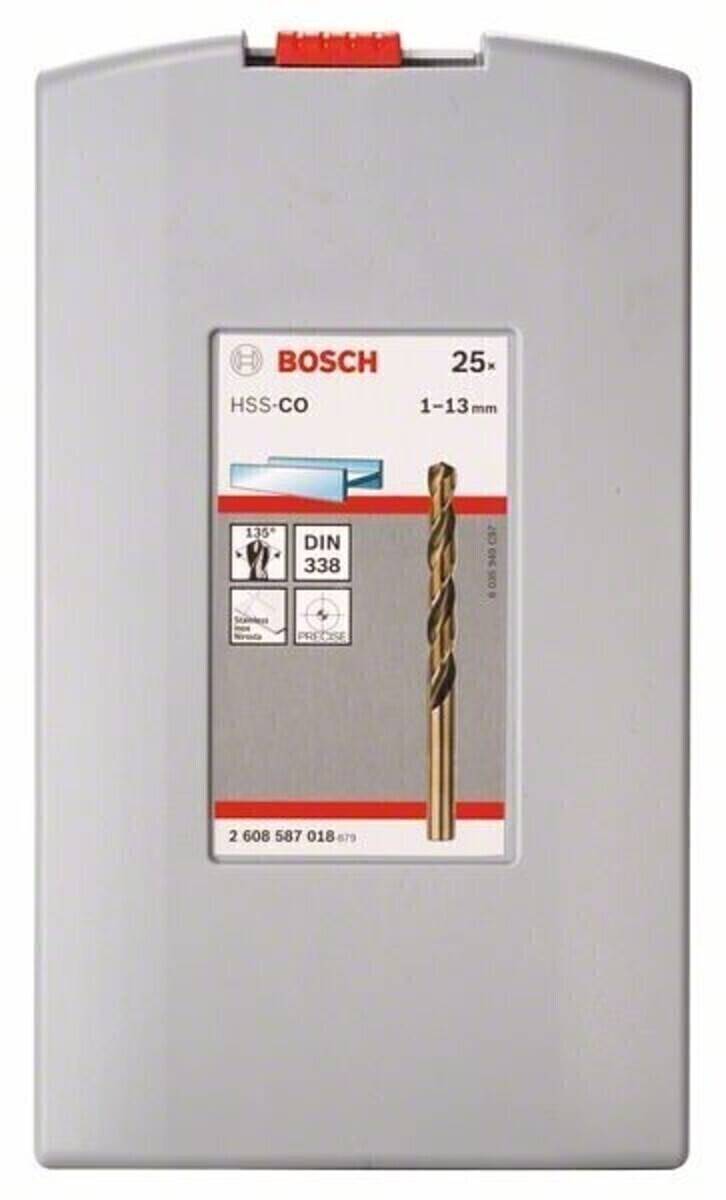 Ein Bosch-Bohreretuipack mit einem Kobalt-HSS-Bohrer, Größenbereich 1-13 mm, 25 Stück, mit Sicherheits- und DIN 338-Standardsymbolen.