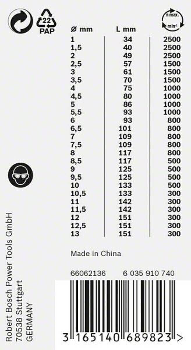 Protek Power Tools GmbH' Tabelle mit inkrementellen Messungen von 3,5 bis 12,5 mit entsprechenden Werten zwischen 80 und 151. 'Made in China' vermerkt.