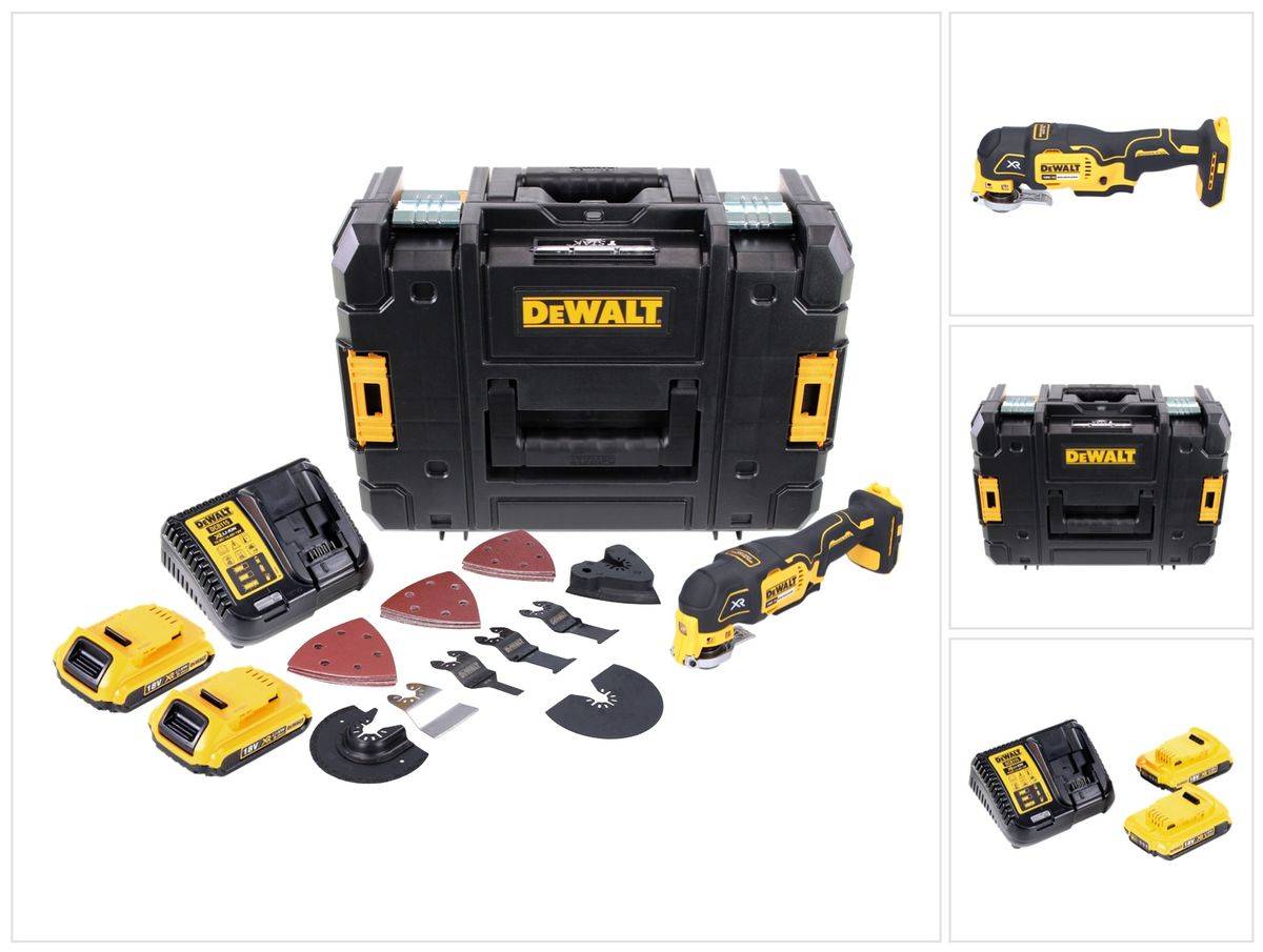 DeWalt DCS 355 D2 Akku Oszillierer Multitool 18 V Brushless + 2x Akku 2,0 Ah + Ladegerät + 29 tlg. Zubehör + TSTAK