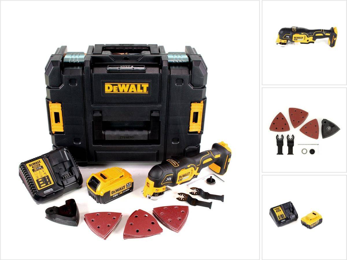 DeWalt DCS 355 M1 Akku Oszillierer Multitool 18 V Brushless + 1x Akku 4,0 Ah + Ladegerät + 29 tlg. Zubehör + TSTAK