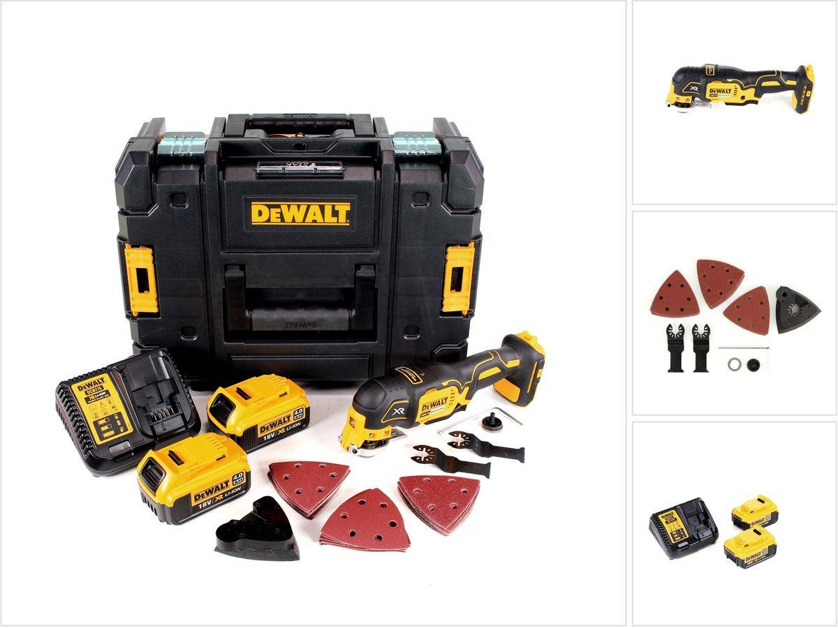 DeWalt DCS 355 M2 Akku Oszillierer Multitool 18 V Brushless + 2x Akku 4,0 Ah + Ladegerät + 29 tlg. Zubehör + TSTAK