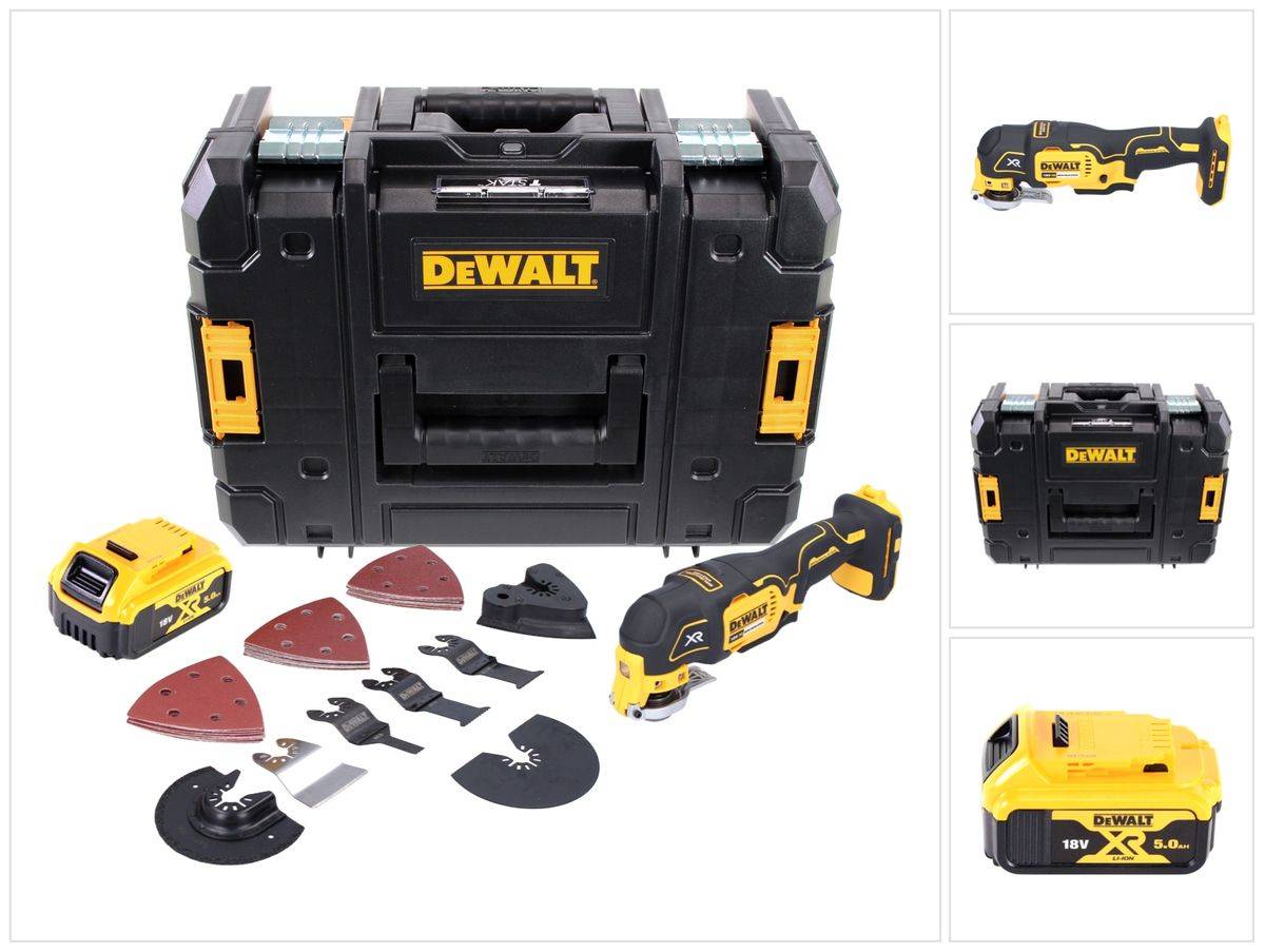 DeWalt DCS 355 NT Akku Oszillierer Multitool 18 V Brushless + 1x Akku 5,0 Ah + 29 tlg. Zubehör Set + TSTAK - ohne Ladegerät