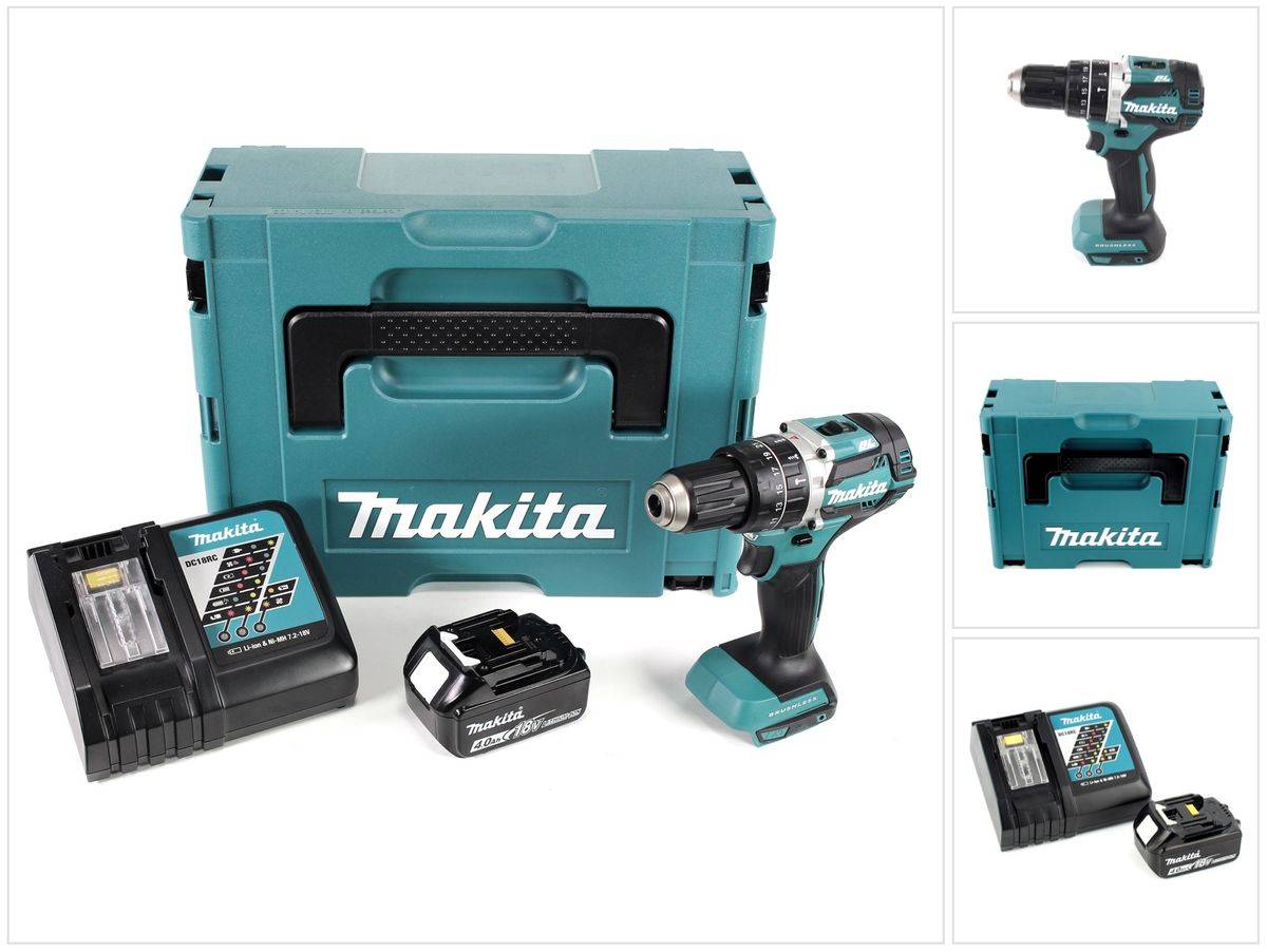 Makita DHP 484 RM1J 18V Brushless Li-Ion Akku Schlagbohrschrauber im Makpac inkl. 1x BL 1840 B 4,0 Ah Akku und DC18RC Ladegerät