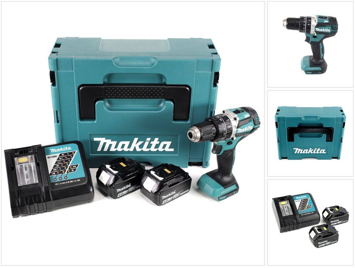Makita DHP 484 RMJ 18V Brushless Li-Ion Akku Schlagbohrschrauber im Makpac inkl. 2x BL 1840 B 4,0 Ah Akku und DC18RC Ladegerät