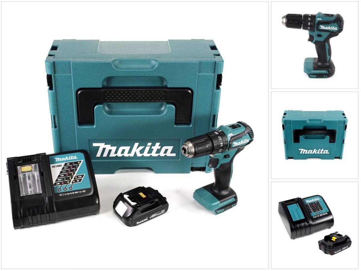 Makita DHP 483 Y1J-D Akku Schlagbohrschrauber 18V 40Nm im Makpac + 1x 1,5 Ah Akku + Ladegerät