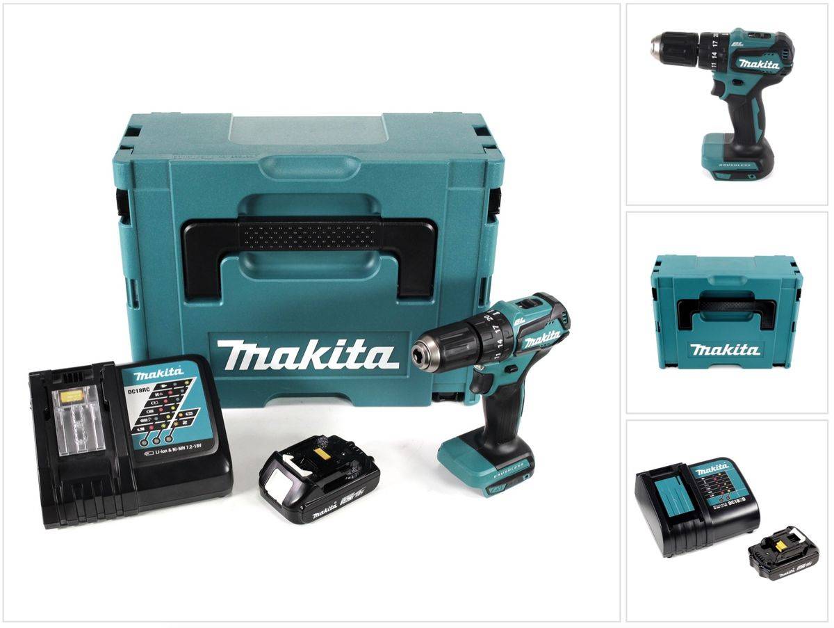 Makita DHP 483 RA1J Akku Schlagbohrschrauber 18 V 40 Nm Brushless + 1x Akku 2,0 Ah + Ladegerät + Makpac