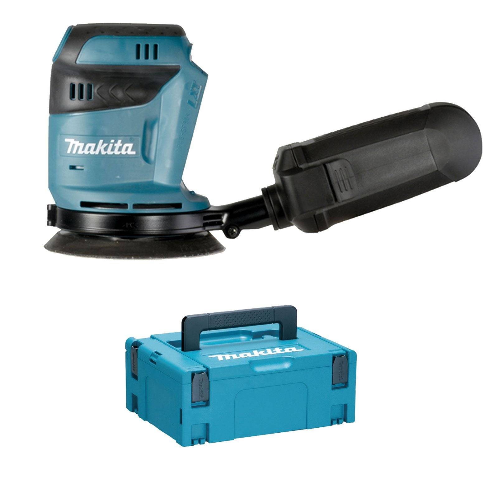 Blauer Handorbitalsander von Makita mit schwarzem Griff. Inklusive passender blauer Aufbewahrungsbox.