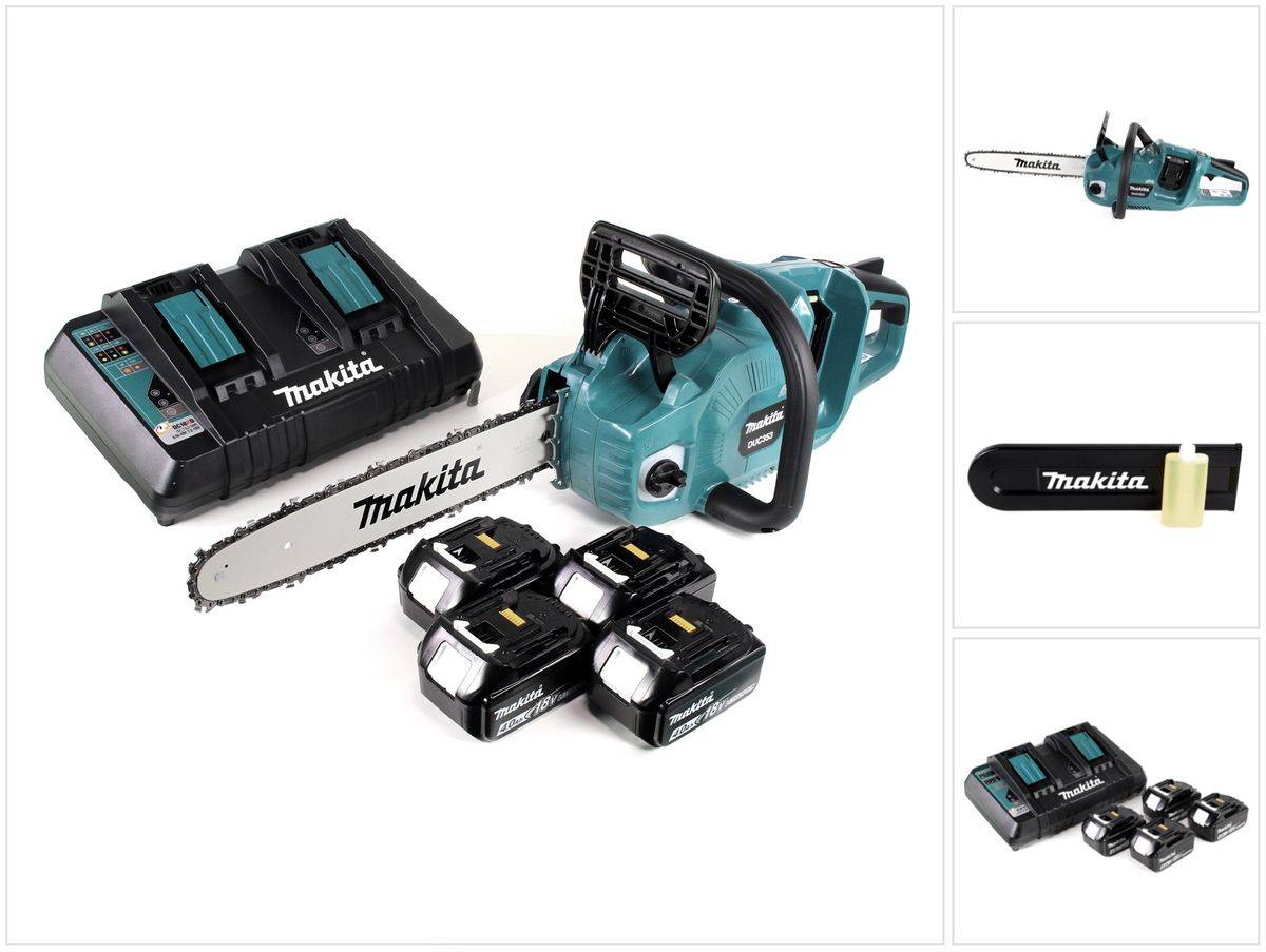 Makita DUC 353 PM4 Akku Kettensäge 36V ( 2x18V ) Brushless 35 cm + 4x 4,0 Ah Akku + Doppelladegerät