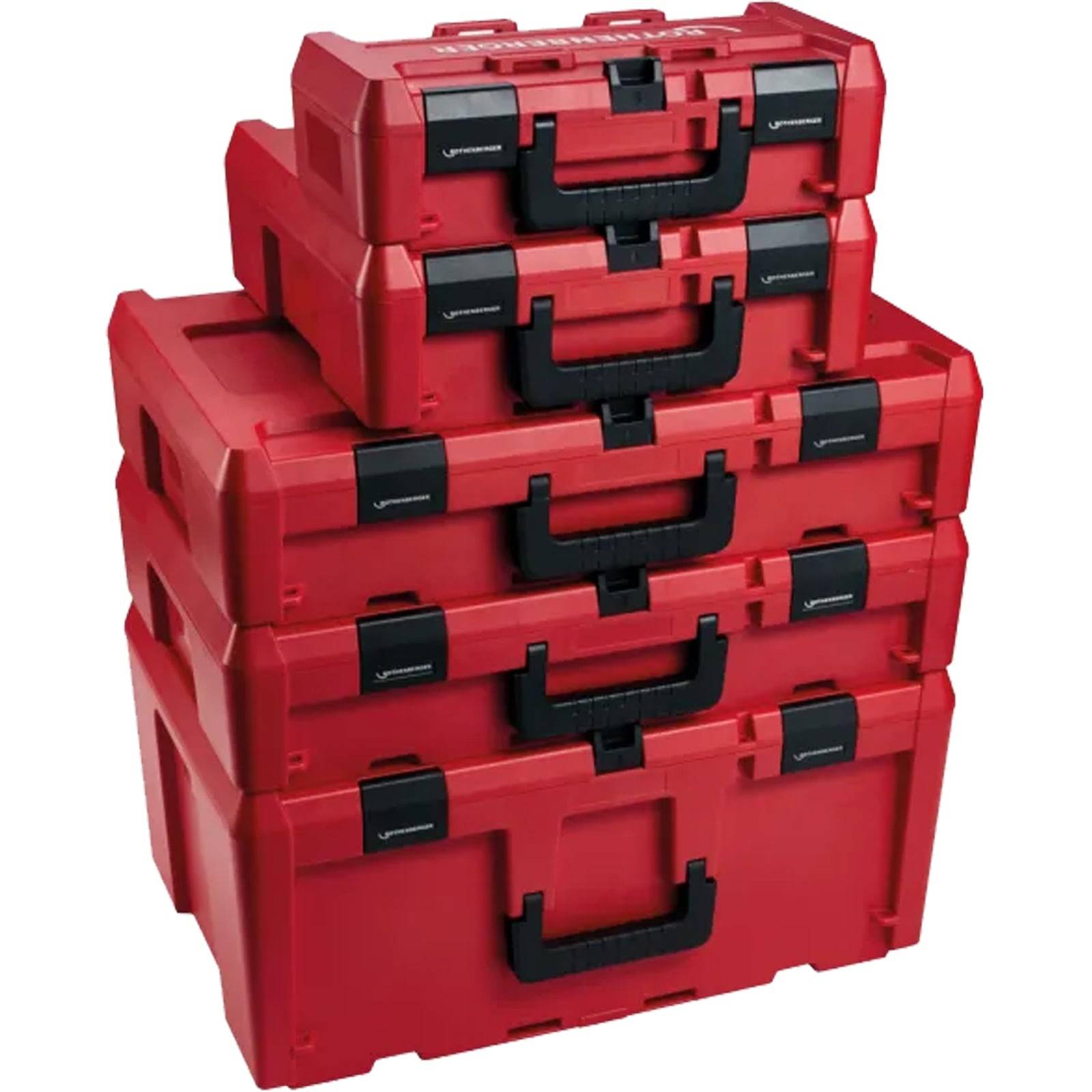 Ein Stapel von fünf roten Werkzeugkästen in unterschiedlichen Größen, ordentlich organisiert mit schwarzen Griffen und einem modularen, ineinandergreifenden Design.
