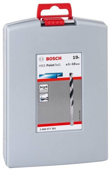 Das Bild zeigt eine Verpackung für einen Bosch HSS PointTeQ Bohrersatz. Er enthält 19 Stück, geeignet für Größen von 1-10 mm, und ist als „Hochgeschwindigkeit