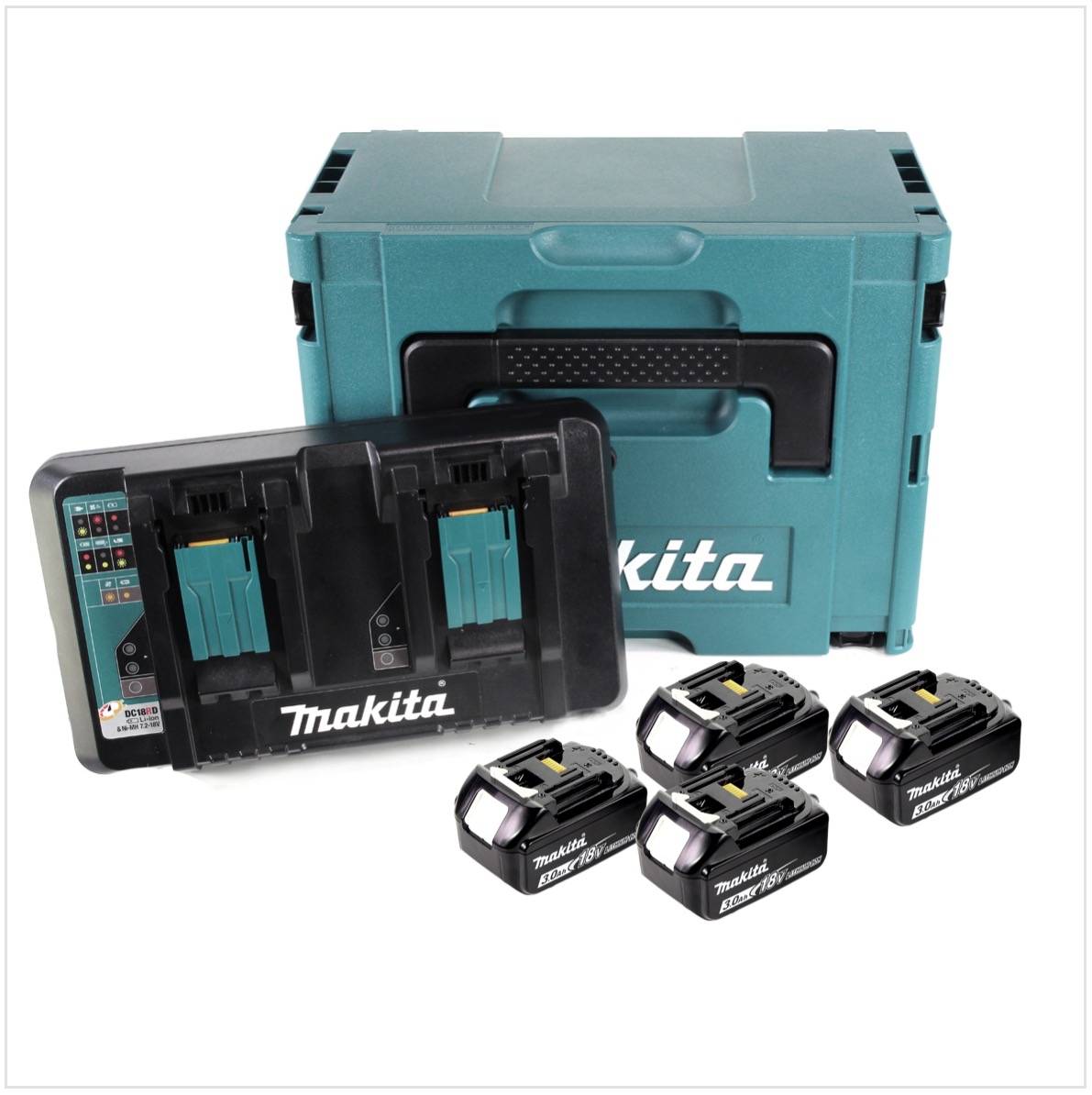 Makita Power Source Kit 18 V mit 4x BL 1830 B Akku 3,0 Ah + DC 18 RD Doppelladegerät ( 197720-6 ) + Makpac