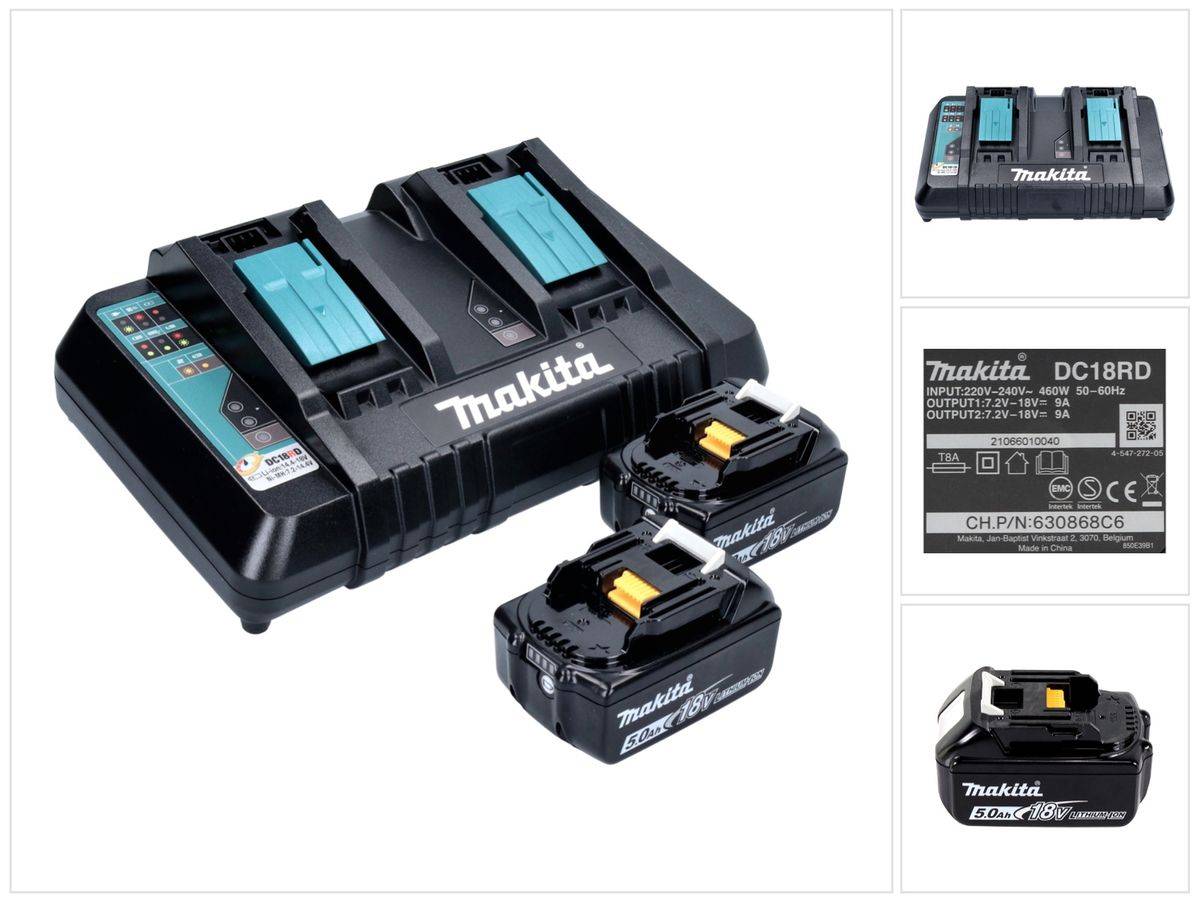 Makita Power Source Kit 18 V mit 2x BL 1850 B Akku 5,0 Ah + DC 18 RD Doppelladegerät ( 199482-2 )