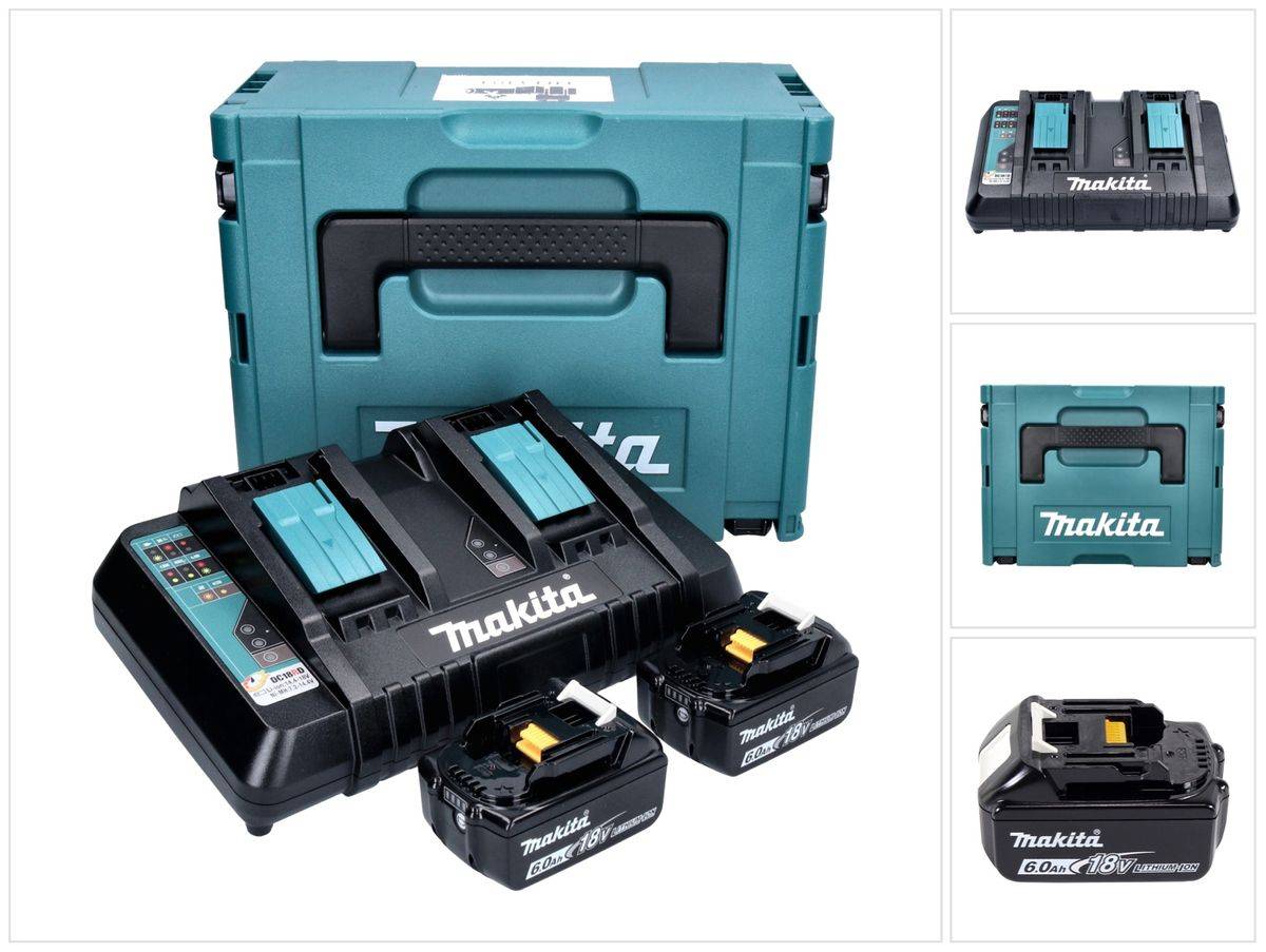 Makita Power Source Kit 18 V mit 2x BL 1860 B Akku 6,0 Ah ( 2x 197422-4 ) + DC 18 RD Doppelladegerät ( 196933-6 ) + Makpac