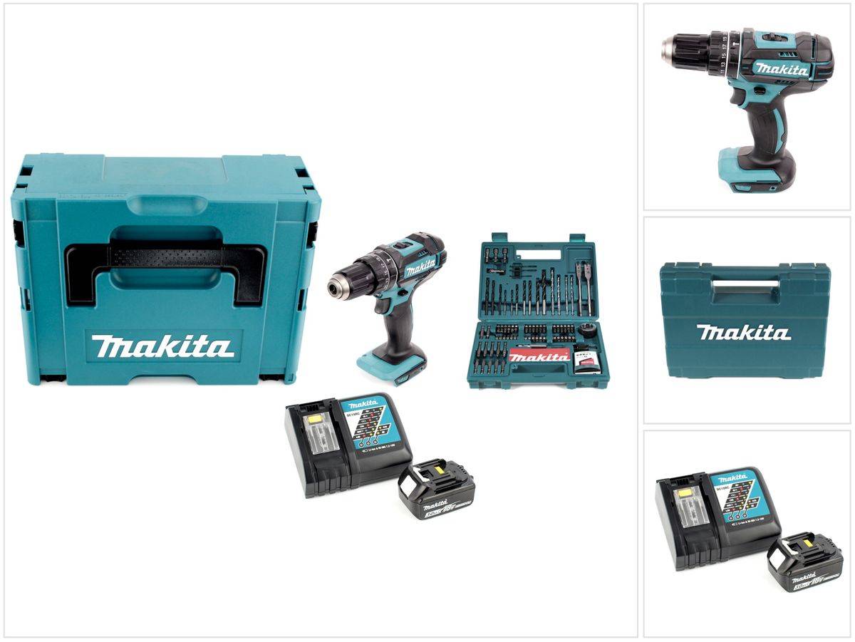 Makita DHP 482 RF1J Akku Schlagbohrschrauber 18V 62Nm im Makpac + 3,0 Ah Akku + Ladegerät + Bit & Bohrer-Set 100-teilig
