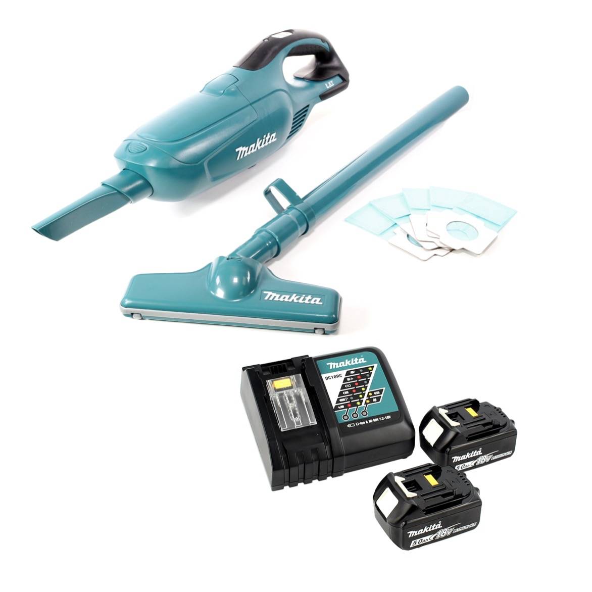 Makita DCL 182 RT Akku Staubsauger 18 V + 2x Akku 5,0 Ah + Ladegerät