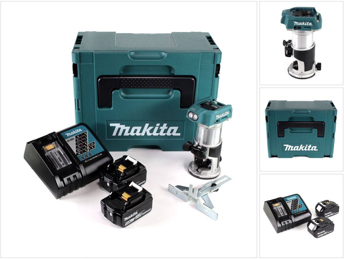 Makita DRT 50 RTJ Akku Multifunktionsfräse brushless 18V + 2x Akkus 5,0 Ah + Schnellladegerät im Makpac 3