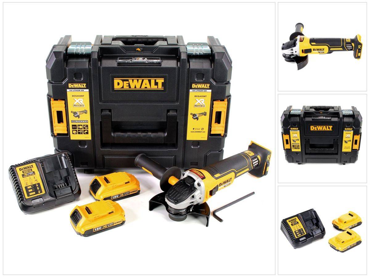 DeWalt DCG 405 D2 Akku Winkelschleifer 18V 125mm Brushless + 2x Akku 2,0Ah + Ladegerät + TSTAK