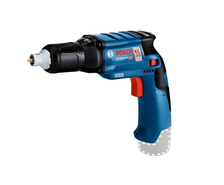 Eine blaue und schwarze Bosch Akku-Bohrmaschine mit sichtbarem Batteriefach. Die Bohrmaschine ist nach links ausgerichtet und zeigt ihr ergonomisches Design.