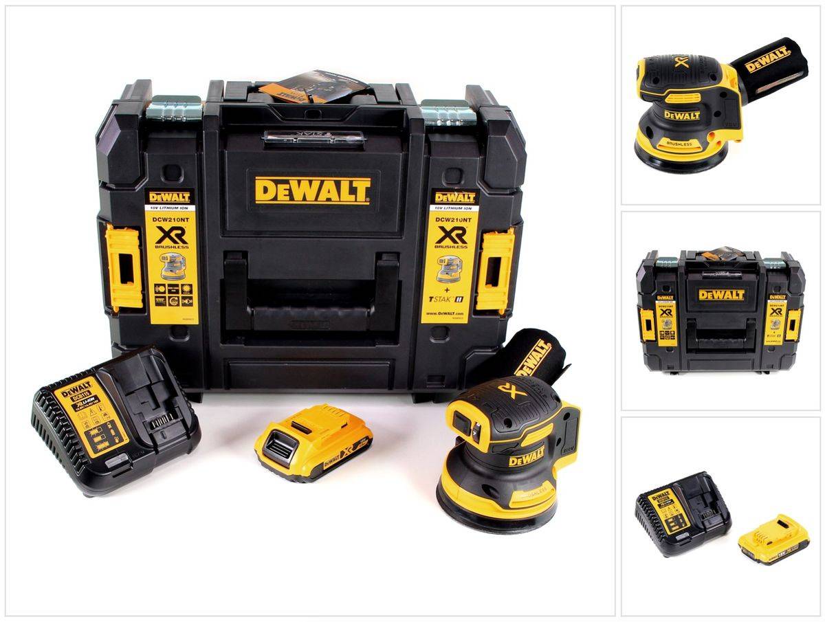 DeWalt DCW 210 D1 Akku Exzenterschleifer Brushless 18V 12.000U/min 125 mm + 1x Akku 2,0 Ah + 1x Schnellladegerät in TSTAK