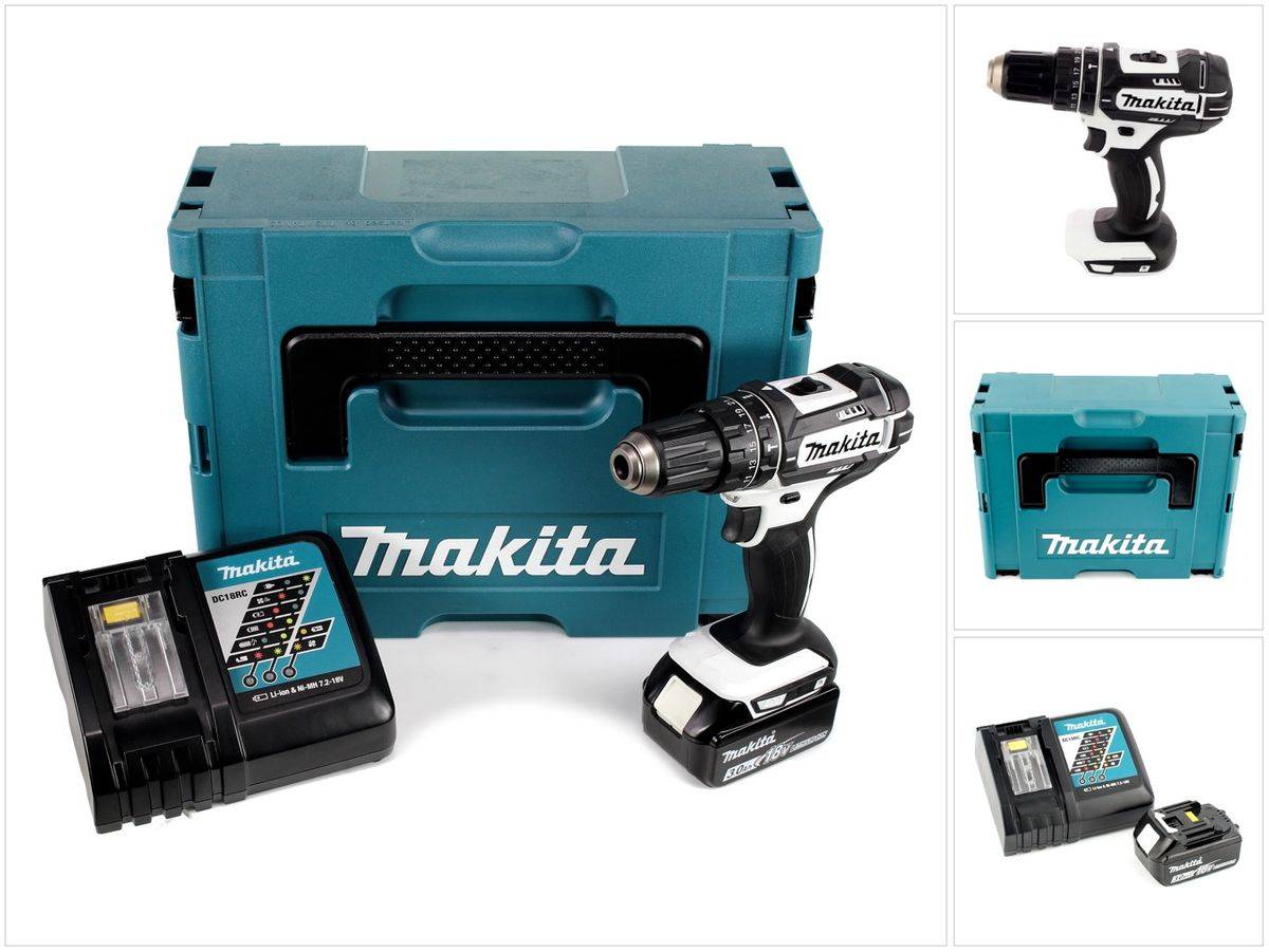 Makita DHP 482 RF1J W Akku Schlagbohrschrauber 18V 62Nm + 1x Akku 3,0Ah + Ladegerät im Makpac
