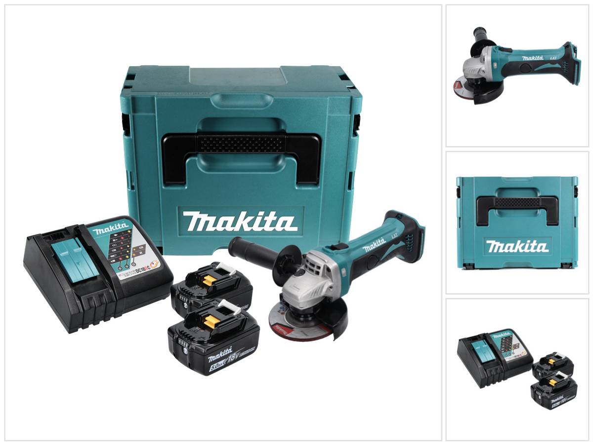 Makita DGA 452 RTJ Akku Winkelschleifer 18 V 115 mm + 2x Akku 5,0 Ah + Ladegerät + Makpac