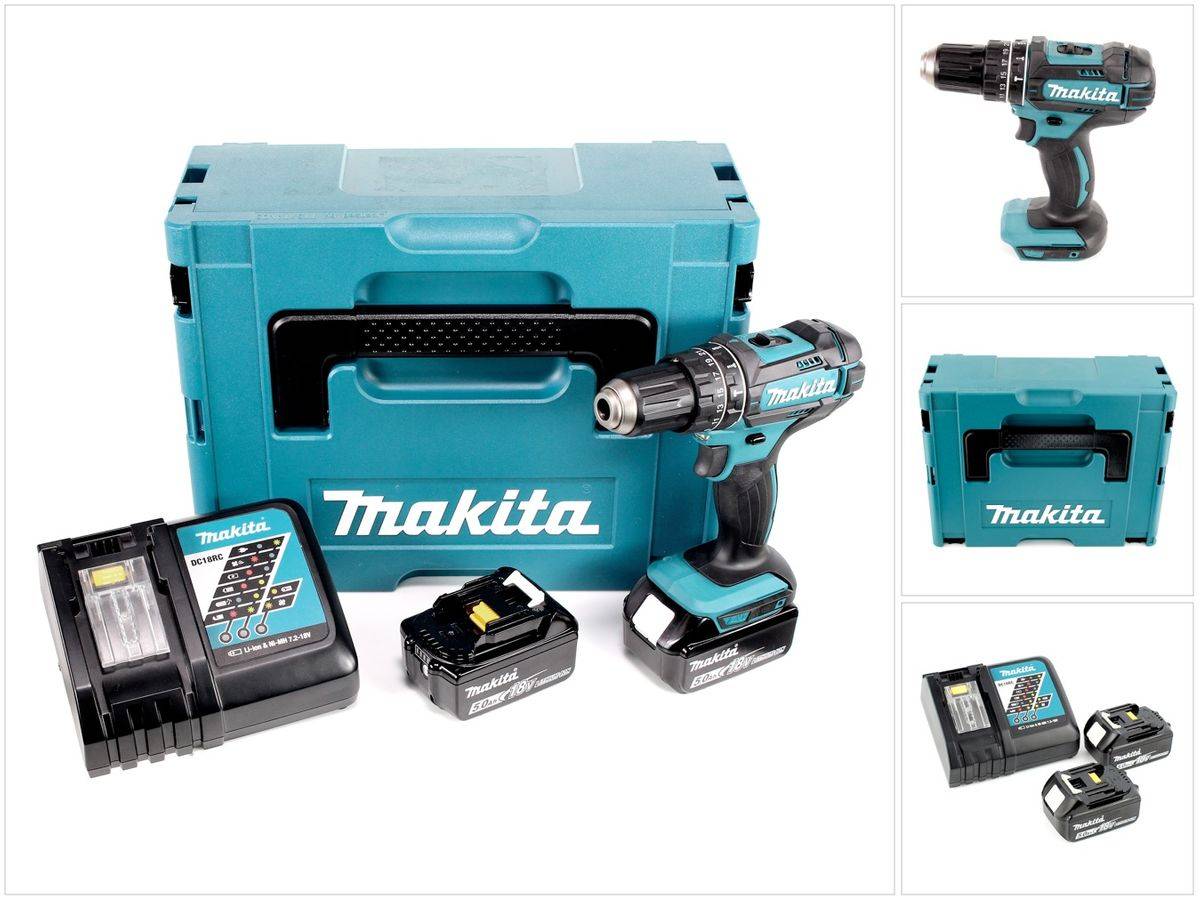Makita DHP 482 RTJ Akku Schlagbohrschrauber 18V 62Nm im Makpac + 2x 5,0 Ah Akku + Ladegerät