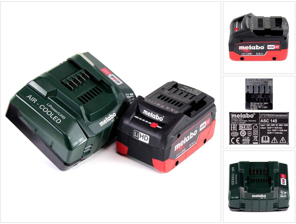 Metabo Akku Basis Set 18V mit 1x Akku LiHD 5,5Ah ( 625368000 ) + Ladegerät ASC 145 ( 627378000 )